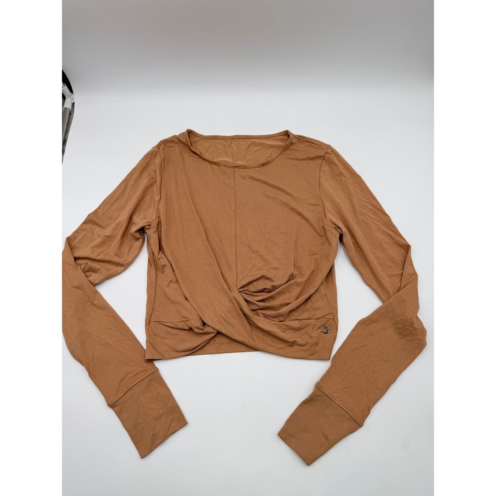 Buffbunny Collection Twist Front Long Sleeve Crop Top Tan Large